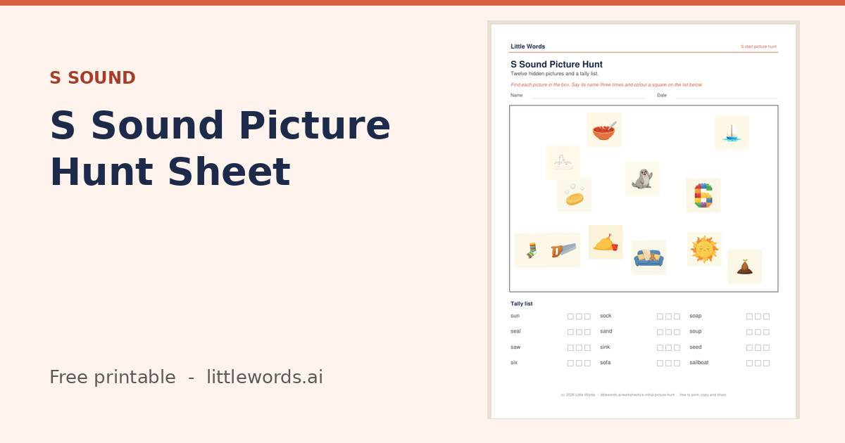 S Sound Picture Hunt Sheet, a free Little Words printable