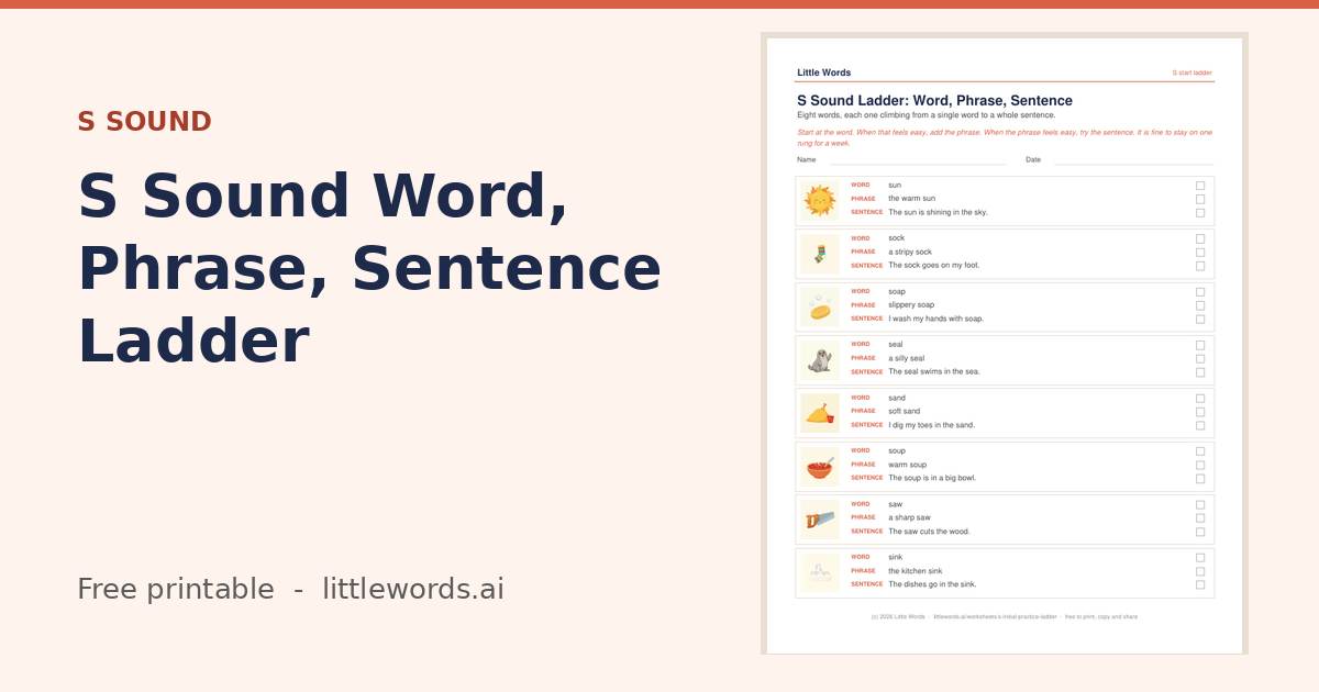 S Sound Word, Phrase, Sentence Ladder, a free Little Words printable