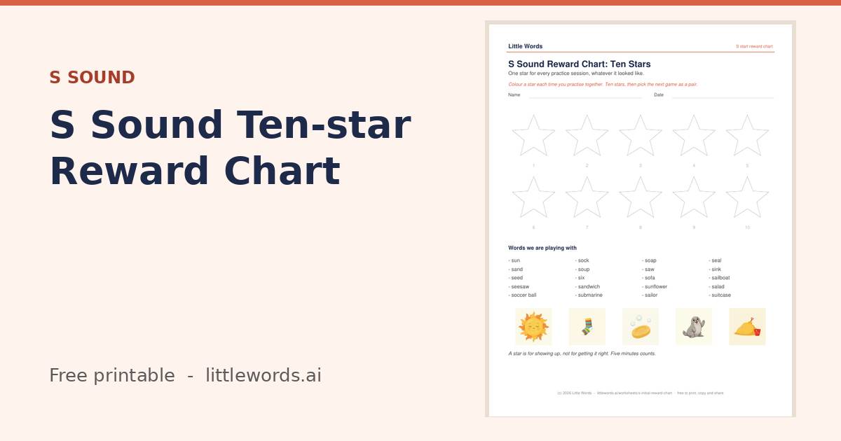 S Sound Ten-star Reward Chart, a free Little Words printable