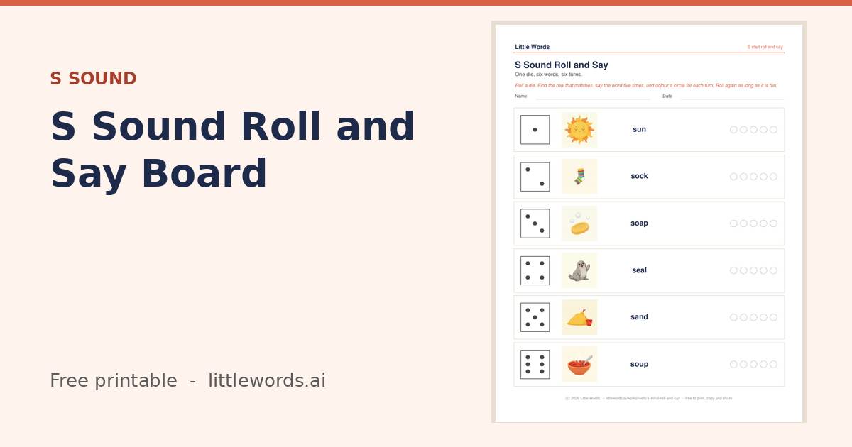 S Sound Roll and Say Board, a free Little Words printable