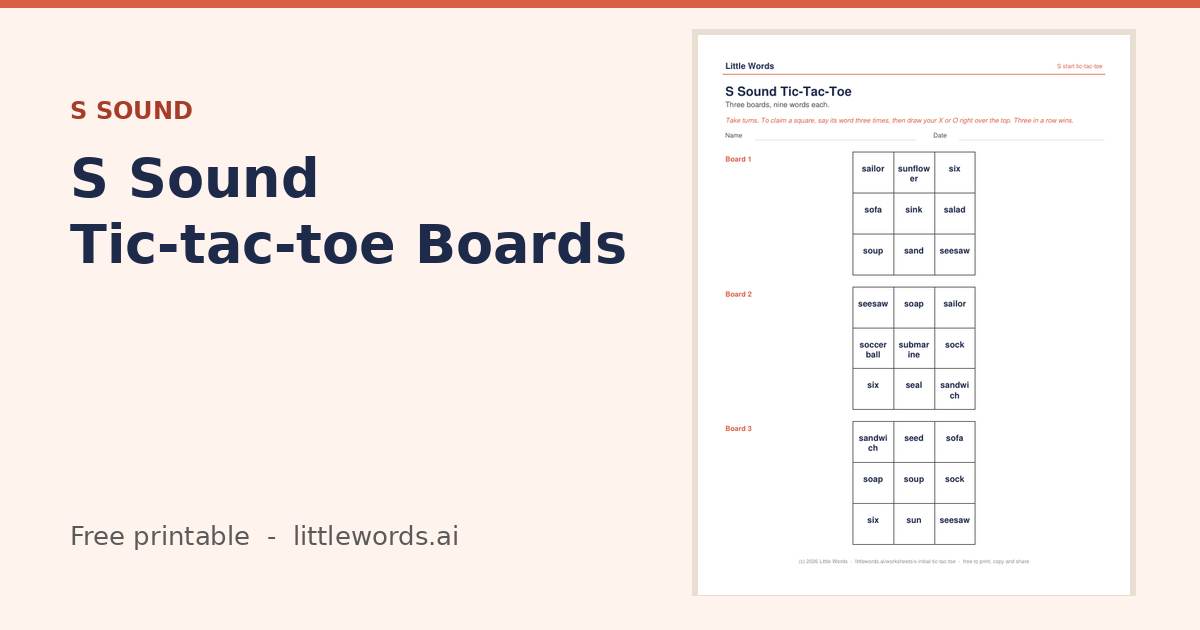 S Sound Tic-tac-toe Boards, a free Little Words printable