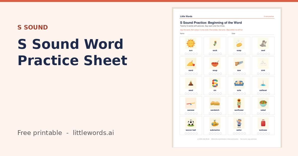 S Sound Word Practice Sheet, a free Little Words printable
