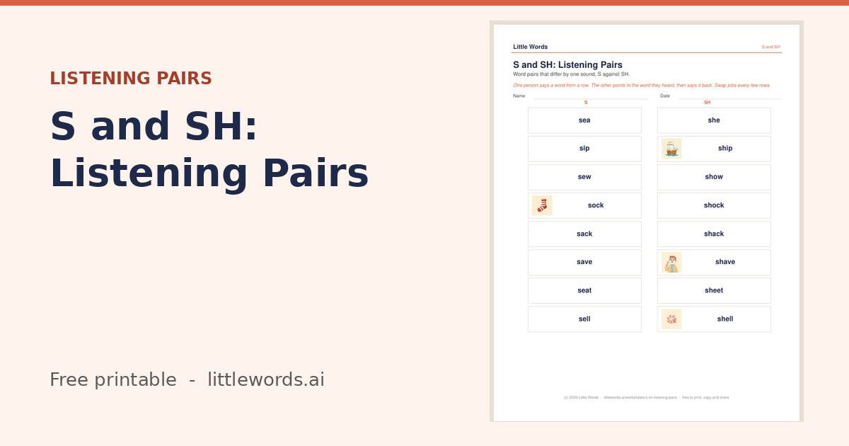 S and SH: Listening Pairs, a free Little Words printable
