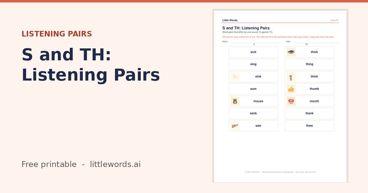 S and TH: Listening Pairs, a free Little Words printable