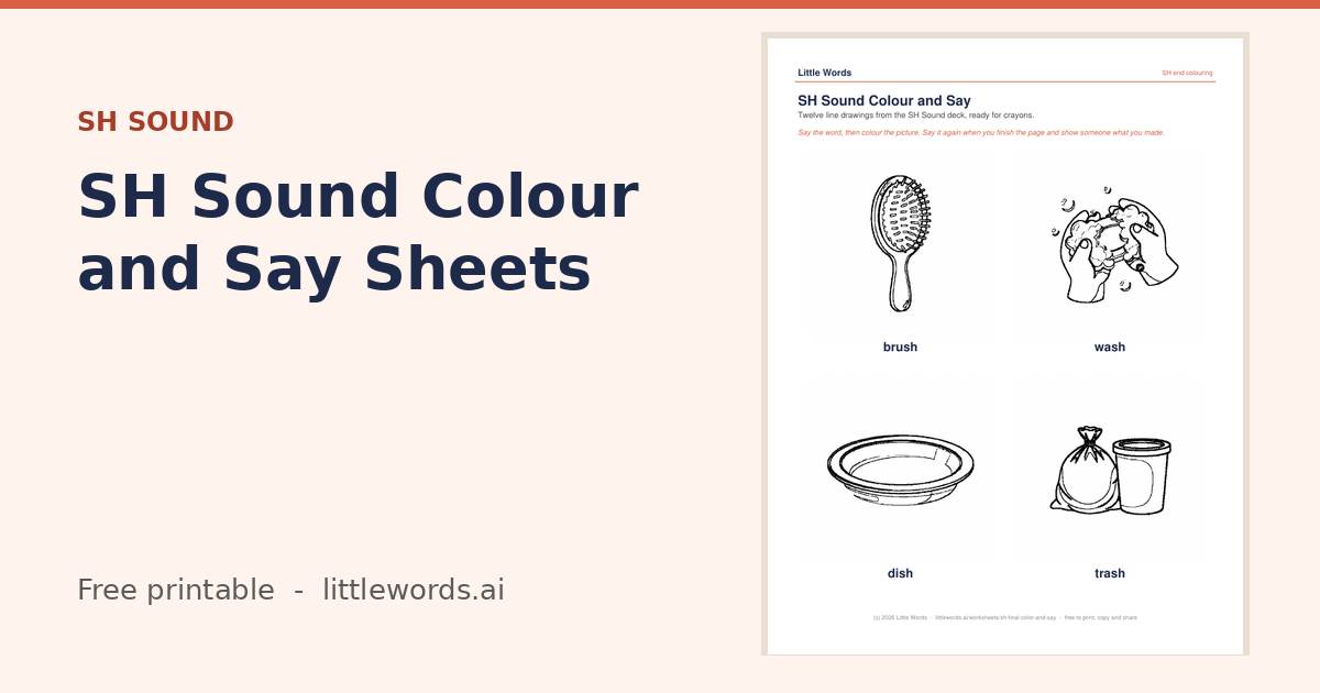 SH Sound Colour and Say Sheets, a free Little Words printable