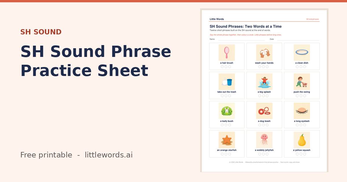 SH Sound Phrase Practice Sheet, a free Little Words printable