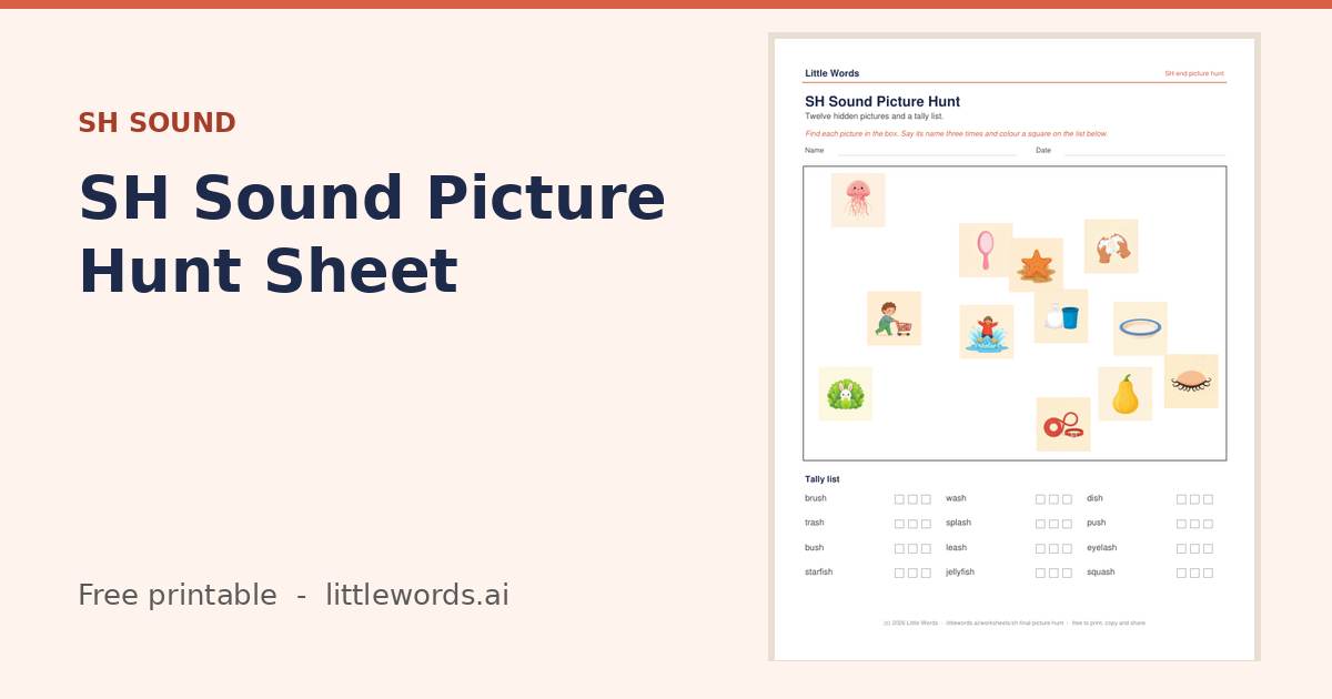 SH Sound Picture Hunt Sheet, a free Little Words printable