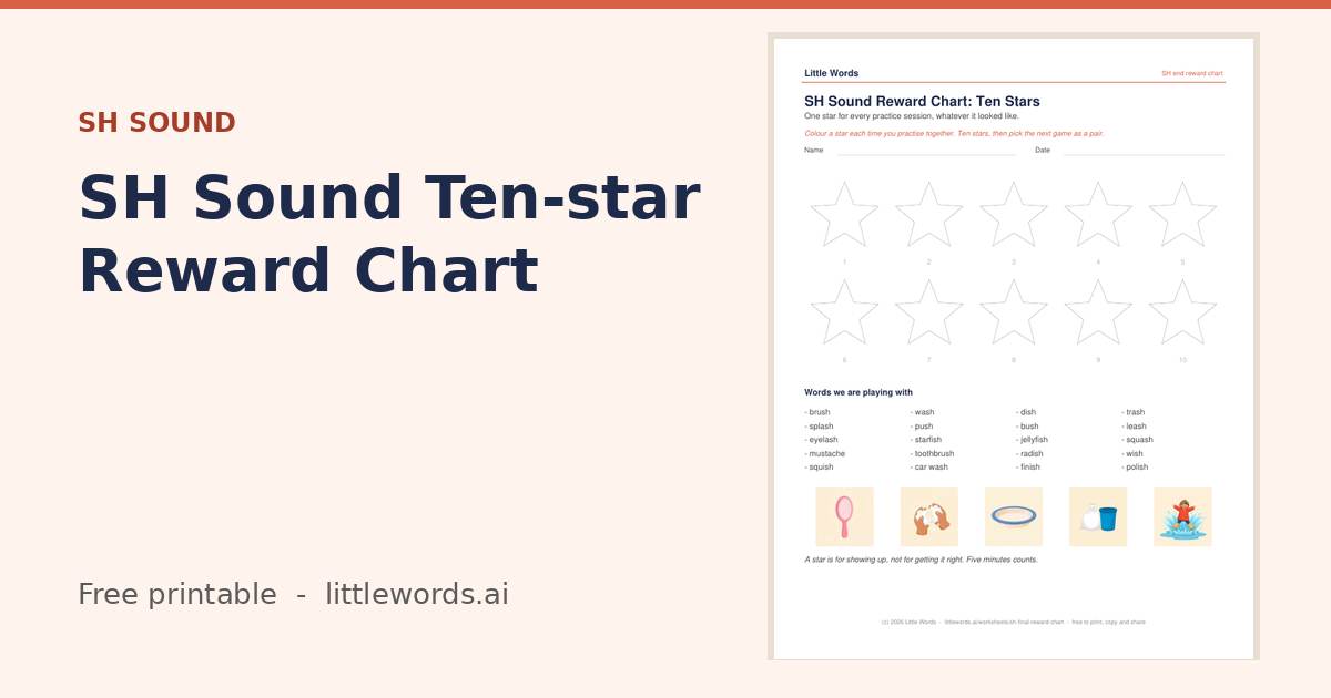 SH Sound Ten-star Reward Chart, a free Little Words printable