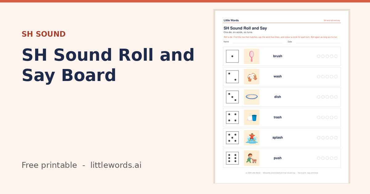SH Sound Roll and Say Board, a free Little Words printable