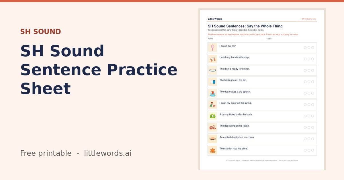 SH Sound Sentence Practice Sheet, a free Little Words printable