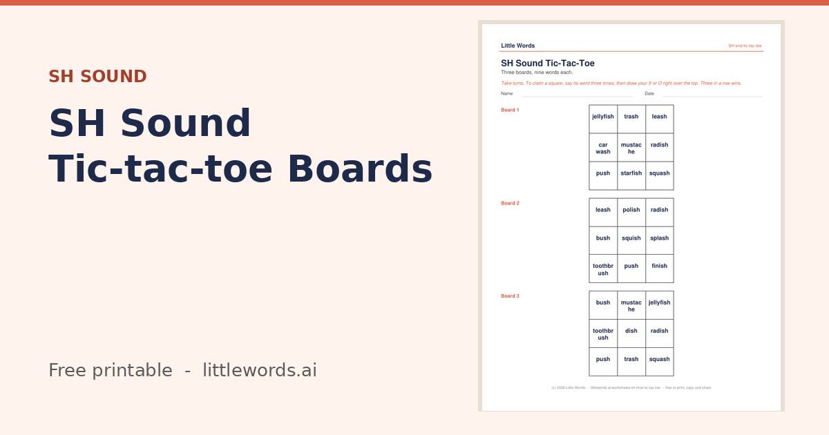 SH Sound Tic-tac-toe Boards, a free Little Words printable