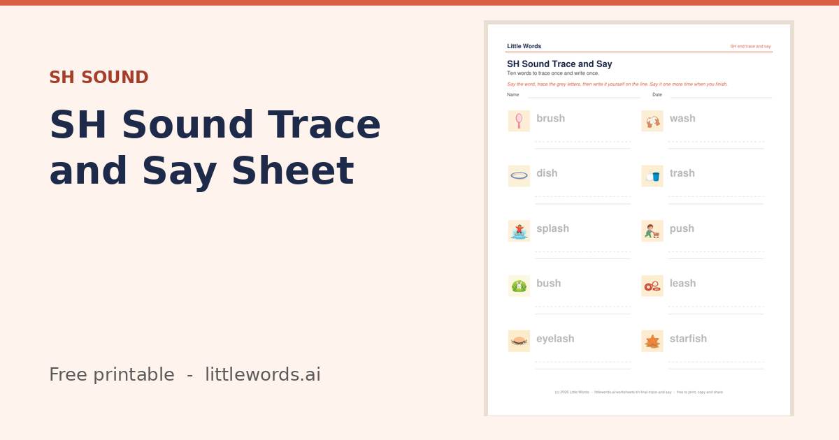 SH Sound Trace and Say Sheet, a free Little Words printable