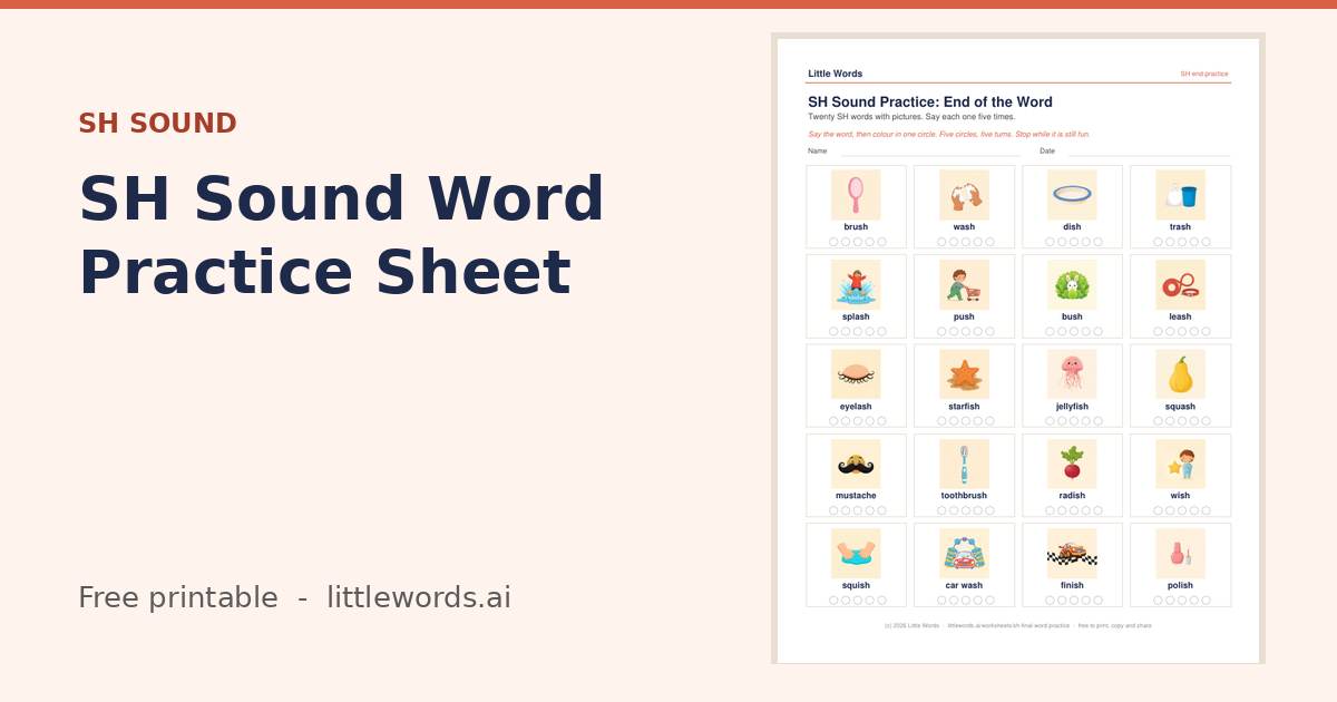 SH Sound Word Practice Sheet, a free Little Words printable
