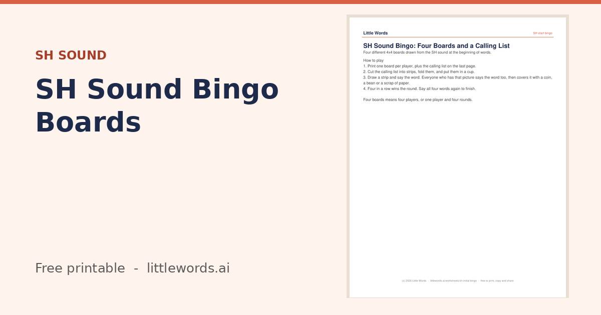 SH Sound Bingo Boards, a free Little Words printable