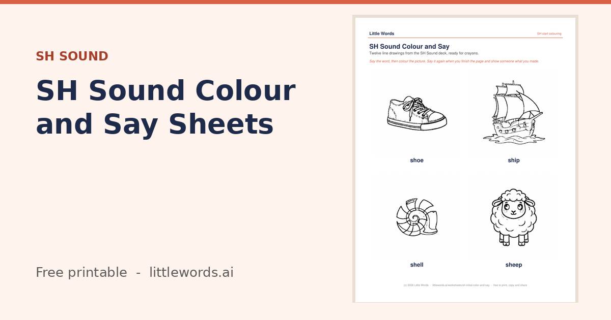 SH Sound Colour and Say Sheets, a free Little Words printable
