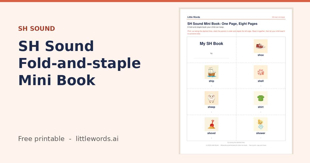 SH Sound Fold-and-staple Mini Book, a free Little Words printable