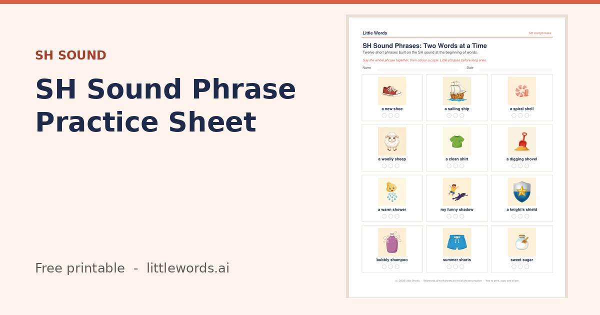 SH Sound Phrase Practice Sheet, a free Little Words printable