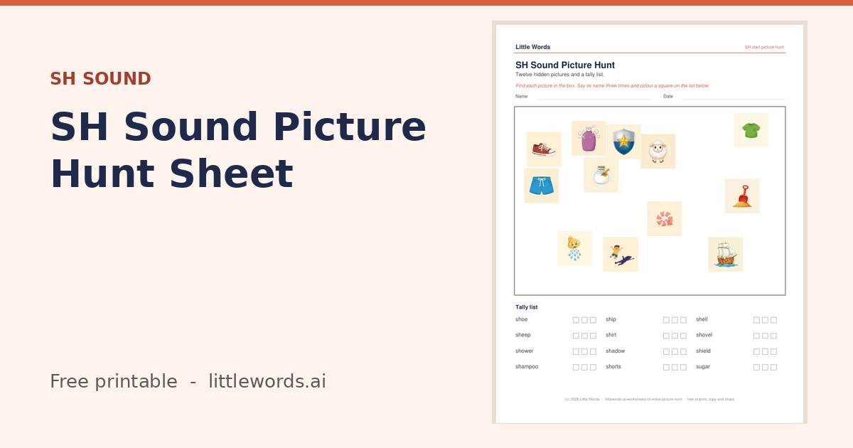 SH Sound Picture Hunt Sheet, a free Little Words printable