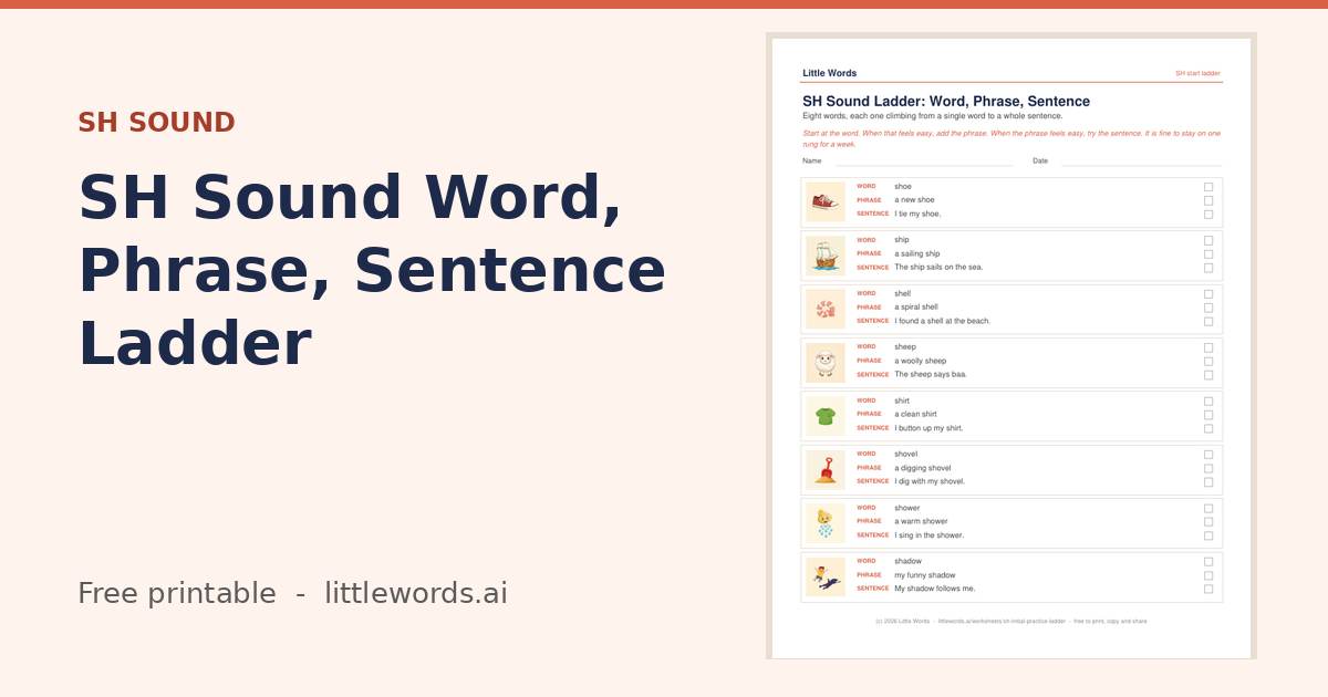 SH Sound Word, Phrase, Sentence Ladder, a free Little Words printable