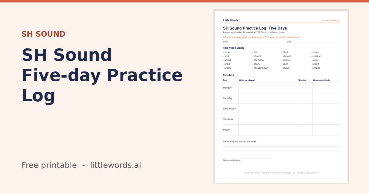 SH Sound Five-day Practice Log, a free Little Words printable