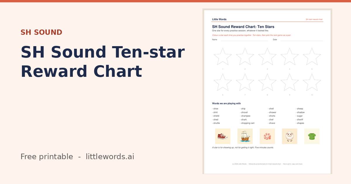 SH Sound Ten-star Reward Chart, a free Little Words printable