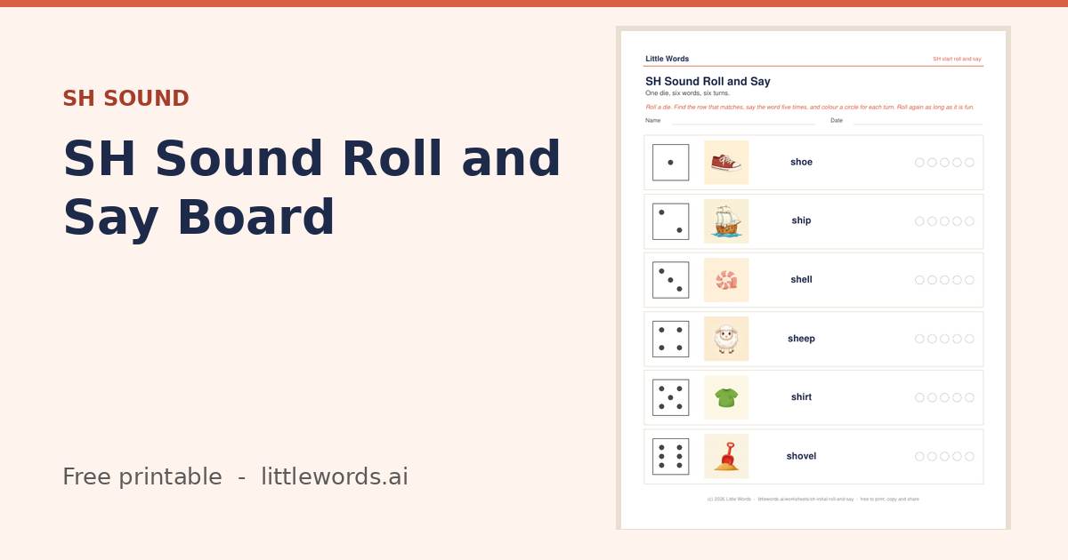 SH Sound Roll and Say Board, a free Little Words printable