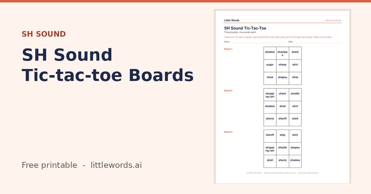 SH Sound Tic-tac-toe Boards, a free Little Words printable