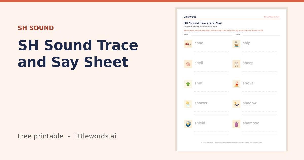 SH Sound Trace and Say Sheet, a free Little Words printable