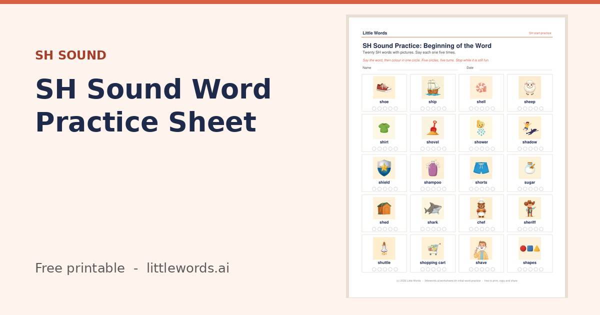 SH Sound Word Practice Sheet, a free Little Words printable