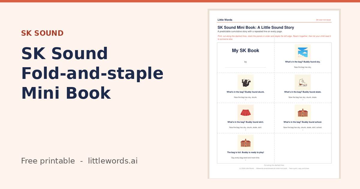 Initial SK Sound Fold-and-staple Mini Book, a Little Words printable