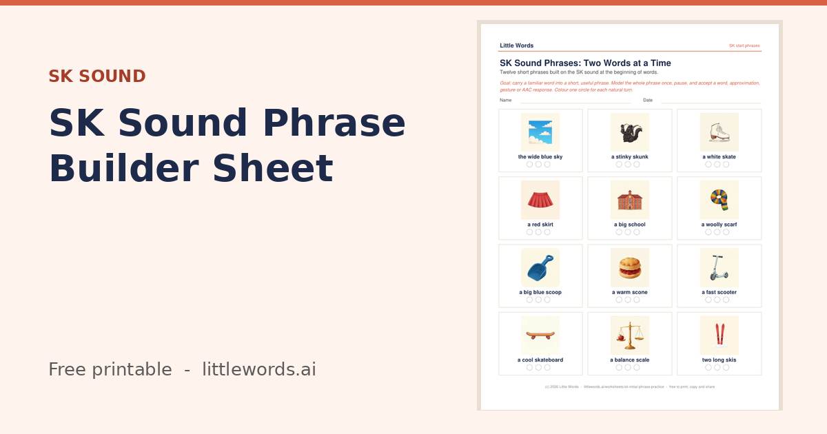 Initial SK Sound Phrase Builder Sheet, a Little Words printable