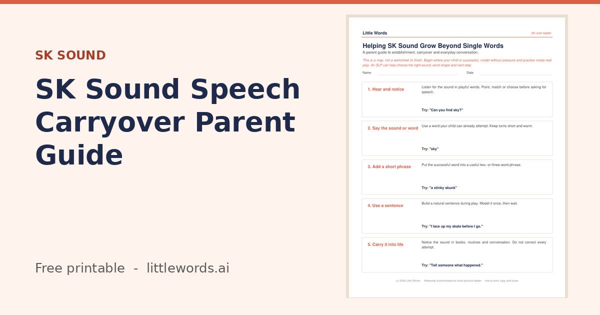 Initial SK Sound Speech Carryover Parent Guide, a Little Words printable