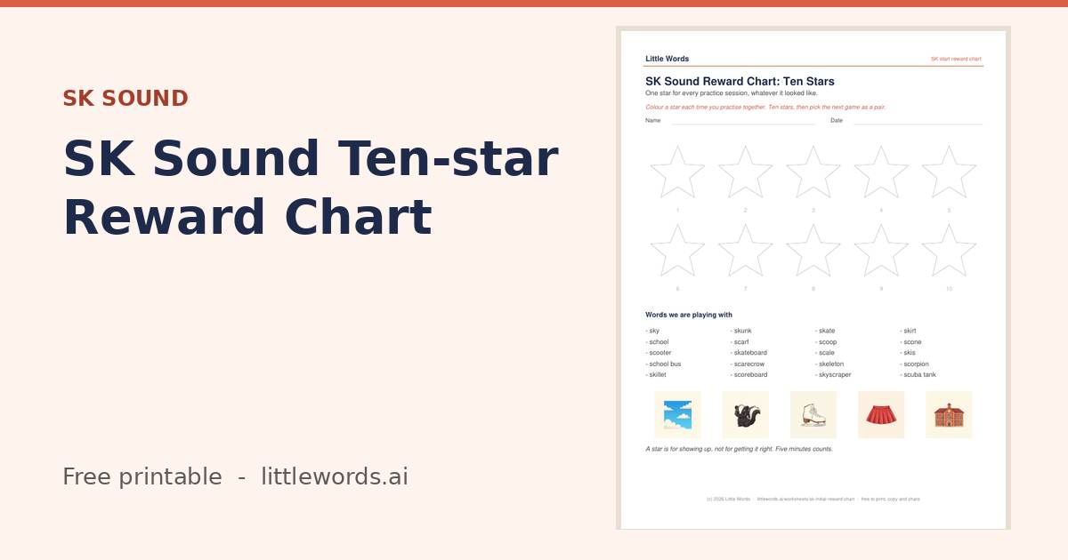 Initial SK Sound Ten-star Reward Chart, a Little Words printable