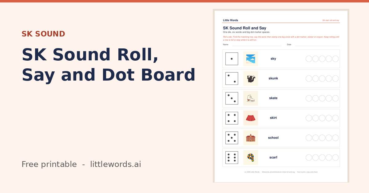Initial SK Sound Roll, Say and Dot Board, a Little Words printable