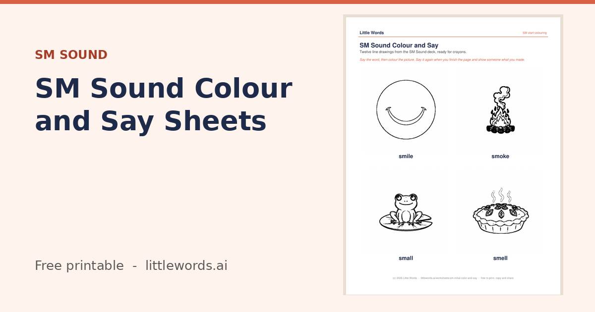 Initial SM Sound Colour and Say Sheets, a Little Words printable