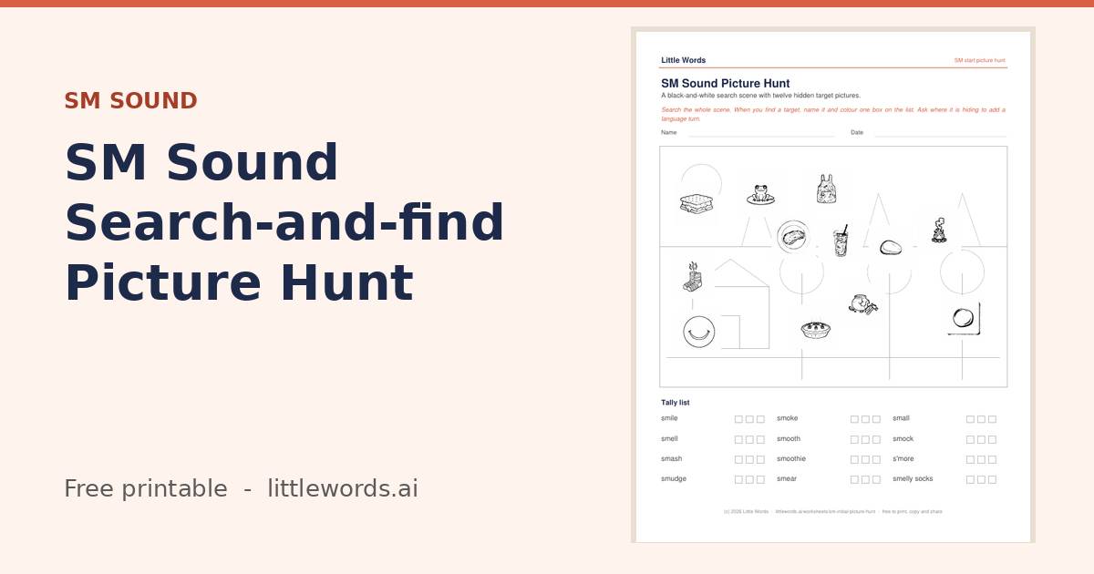 Initial SM Sound Search-and-find Picture Hunt, a Little Words printable