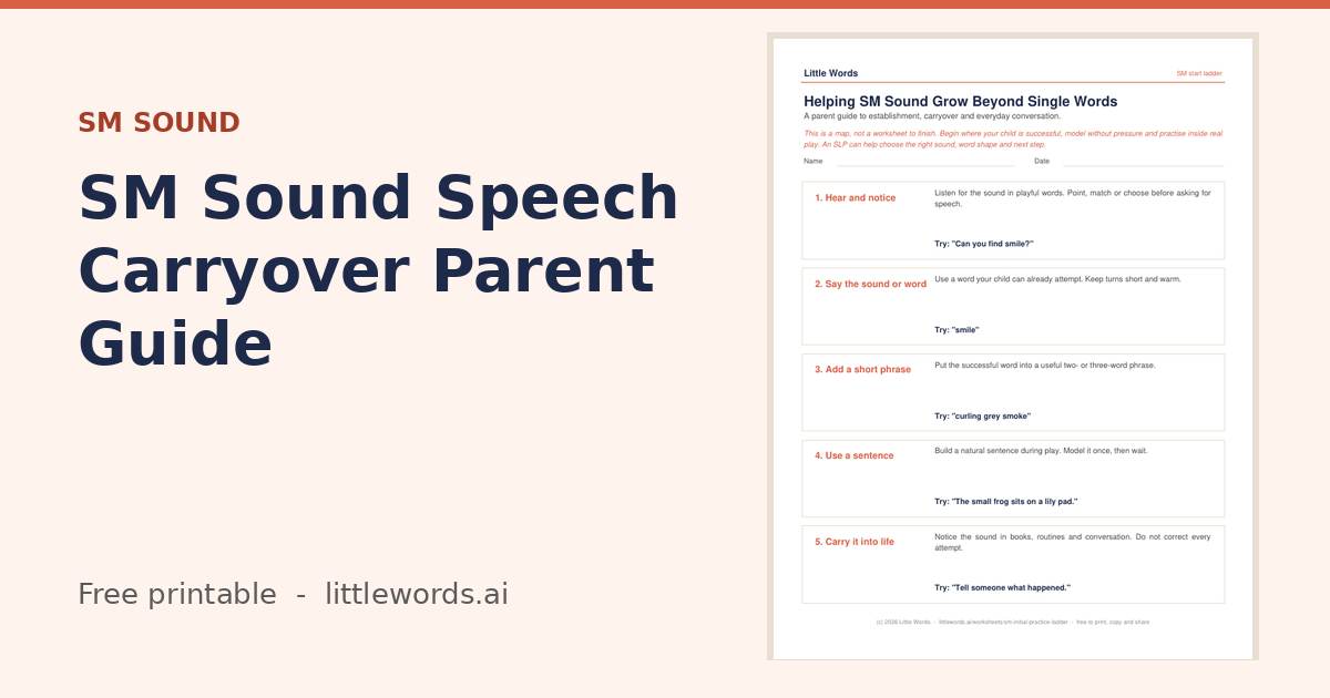 Initial SM Sound Speech Carryover Parent Guide, a Little Words printable