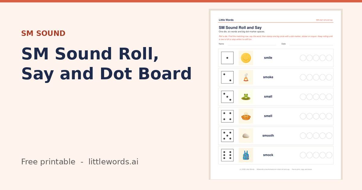 Initial SM Sound Roll, Say and Dot Board, a Little Words printable