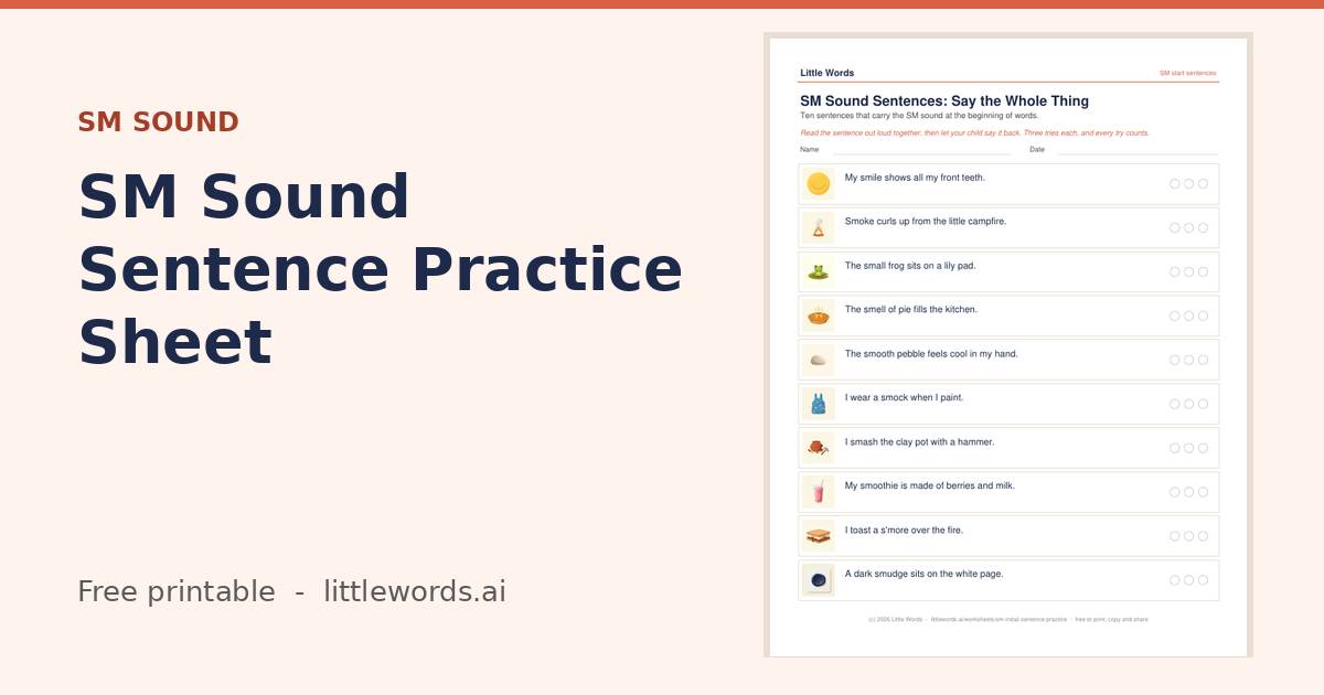 Initial SM Sound Sentence Practice Sheet, a Little Words printable
