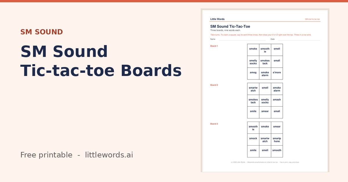 Initial SM Sound Tic-tac-toe Boards, a Little Words printable