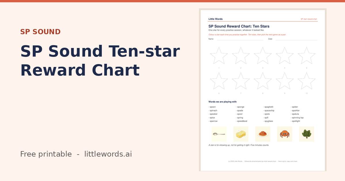 Initial SP Sound Ten-star Reward Chart, a Little Words printable