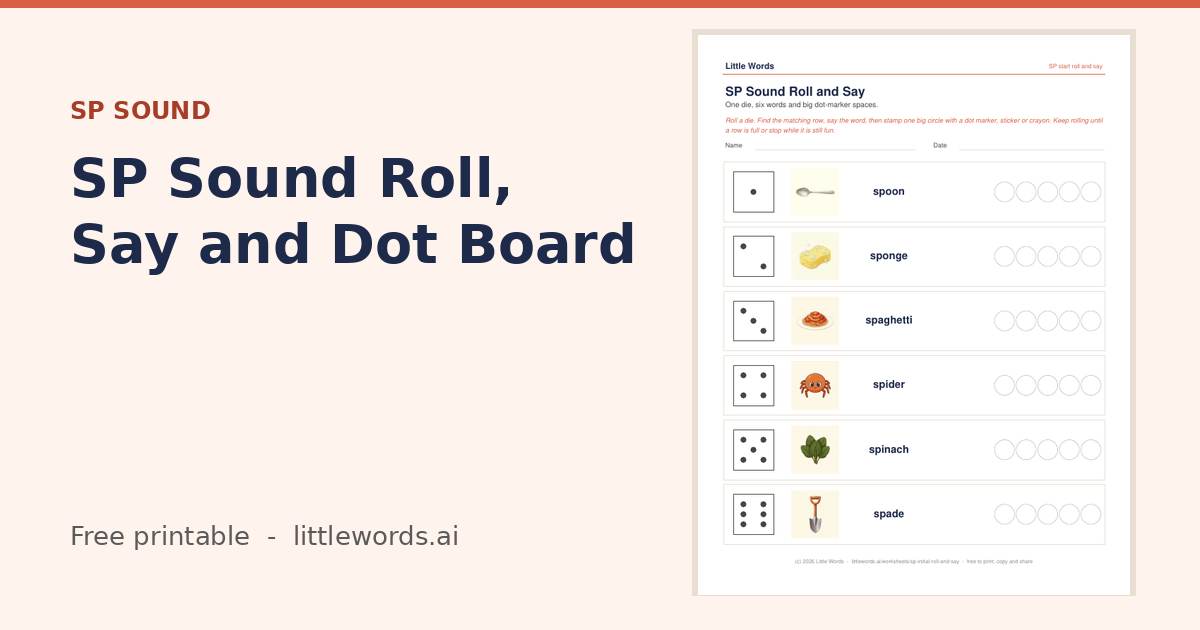 Initial SP Sound Roll, Say and Dot Board, a Little Words printable