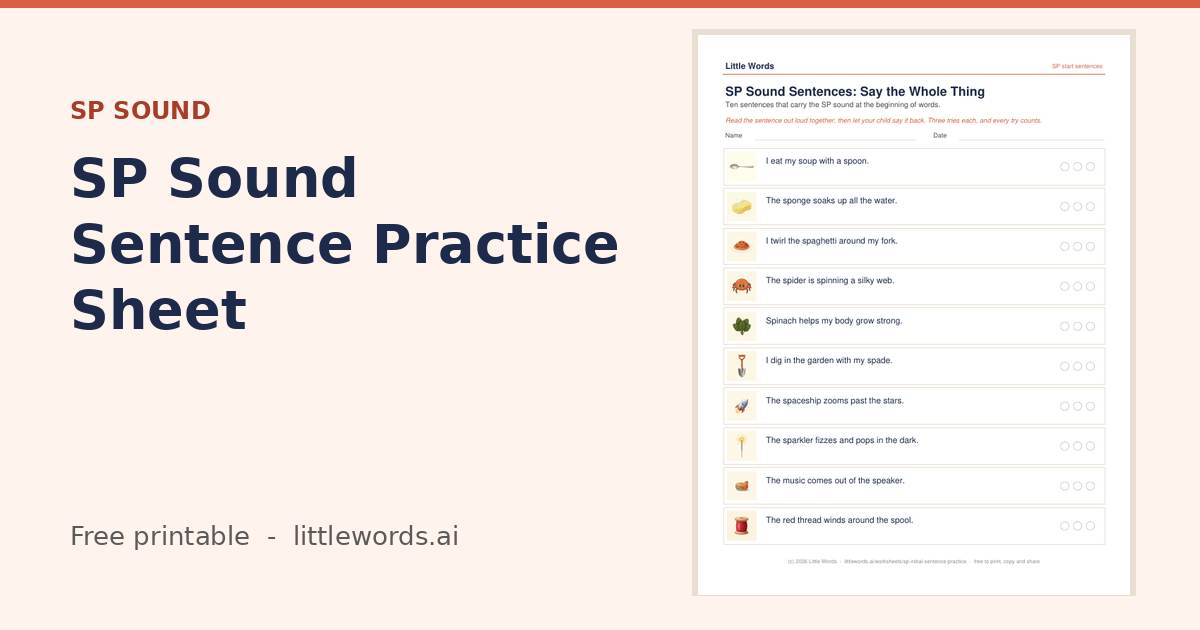 Initial SP Sound Sentence Practice Sheet, a Little Words printable