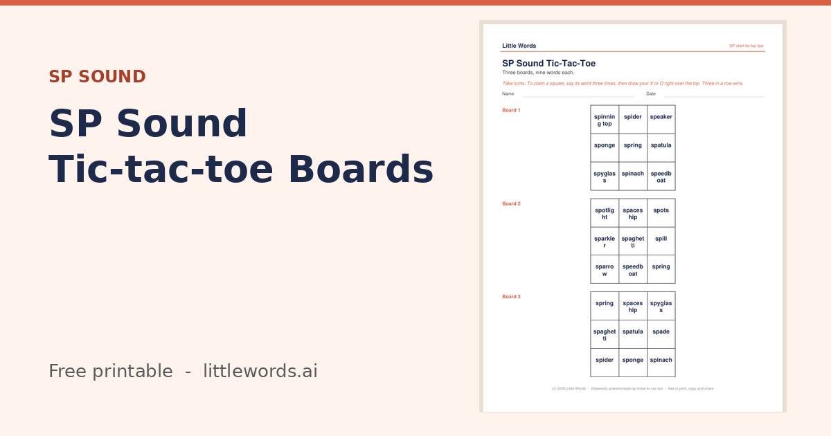 Initial SP Sound Tic-tac-toe Boards, a Little Words printable