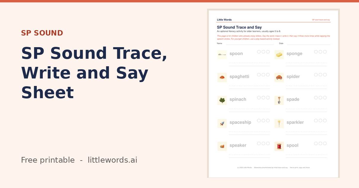 Initial SP Sound Trace, Write and Say Sheet, a Little Words printable