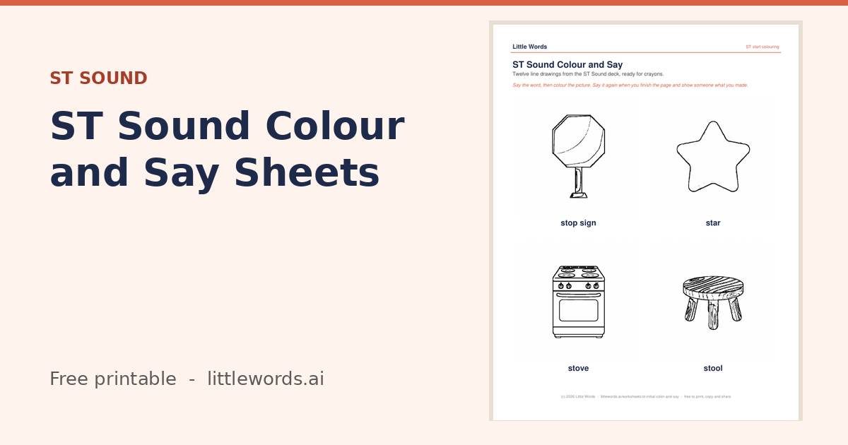 Initial ST Sound Colour and Say Sheets, a Little Words printable