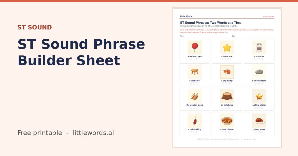 Initial ST Sound Phrase Builder Sheet, a Little Words printable