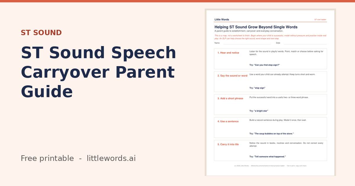 Initial ST Sound Speech Carryover Parent Guide, a Little Words printable