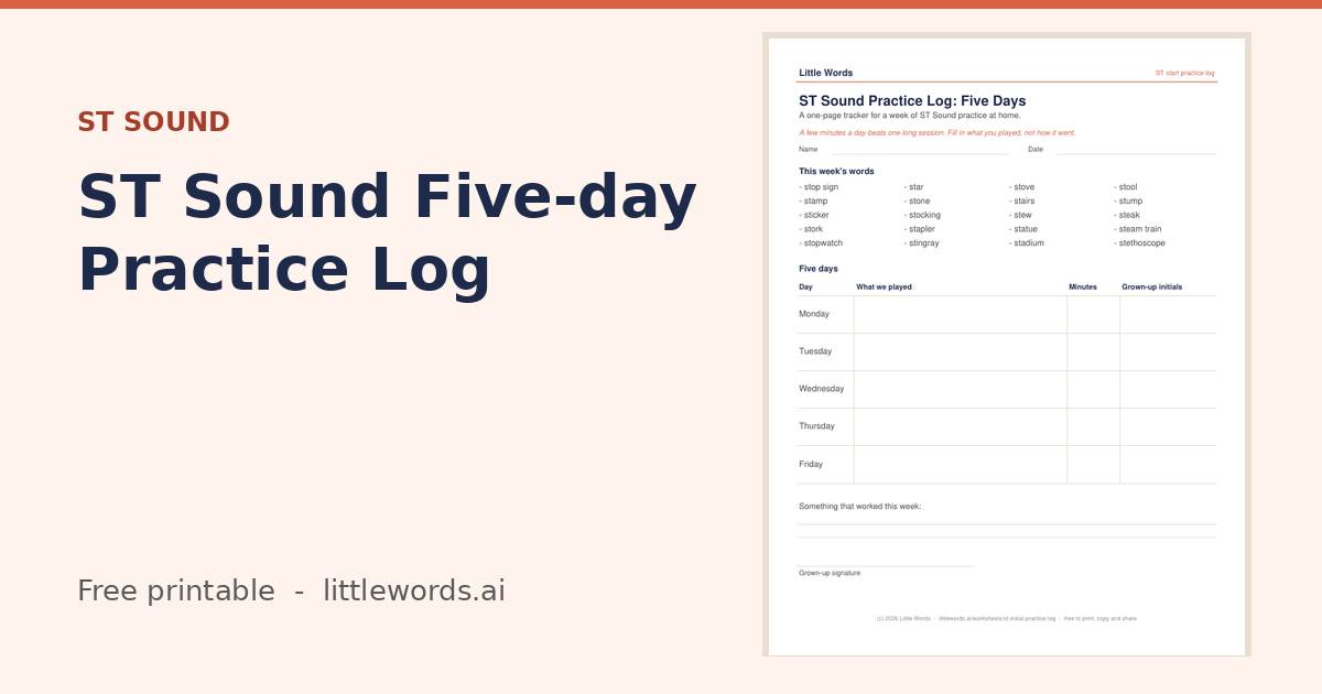 Initial ST Sound Five-day Practice Log, a Little Words printable
