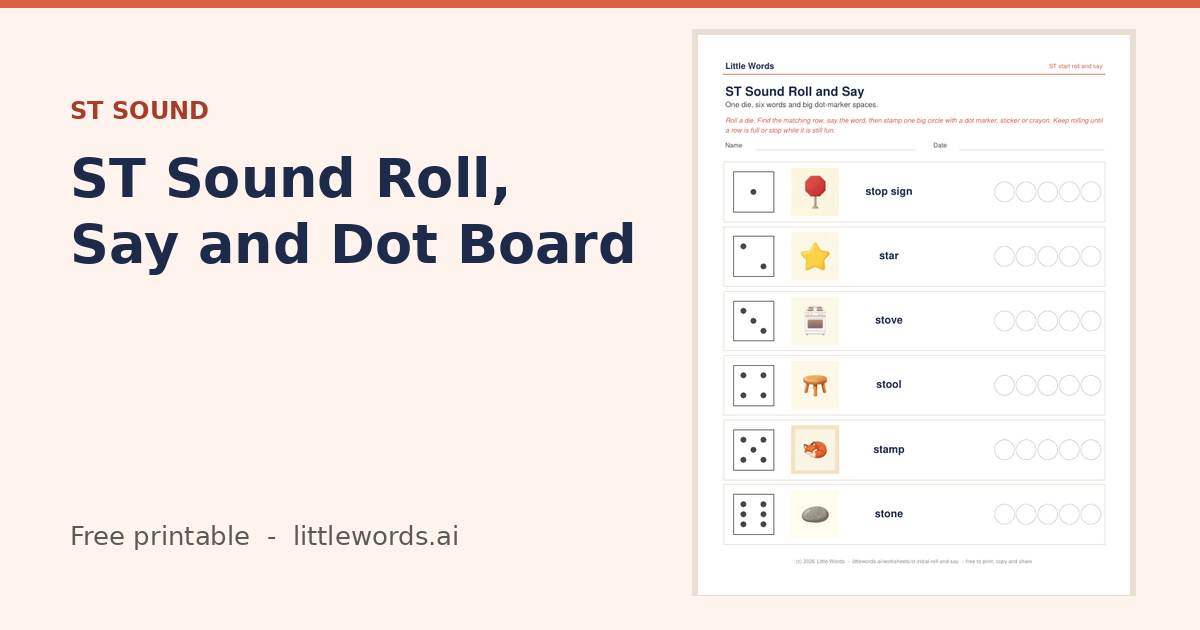 Initial ST Sound Roll, Say and Dot Board, a Little Words printable